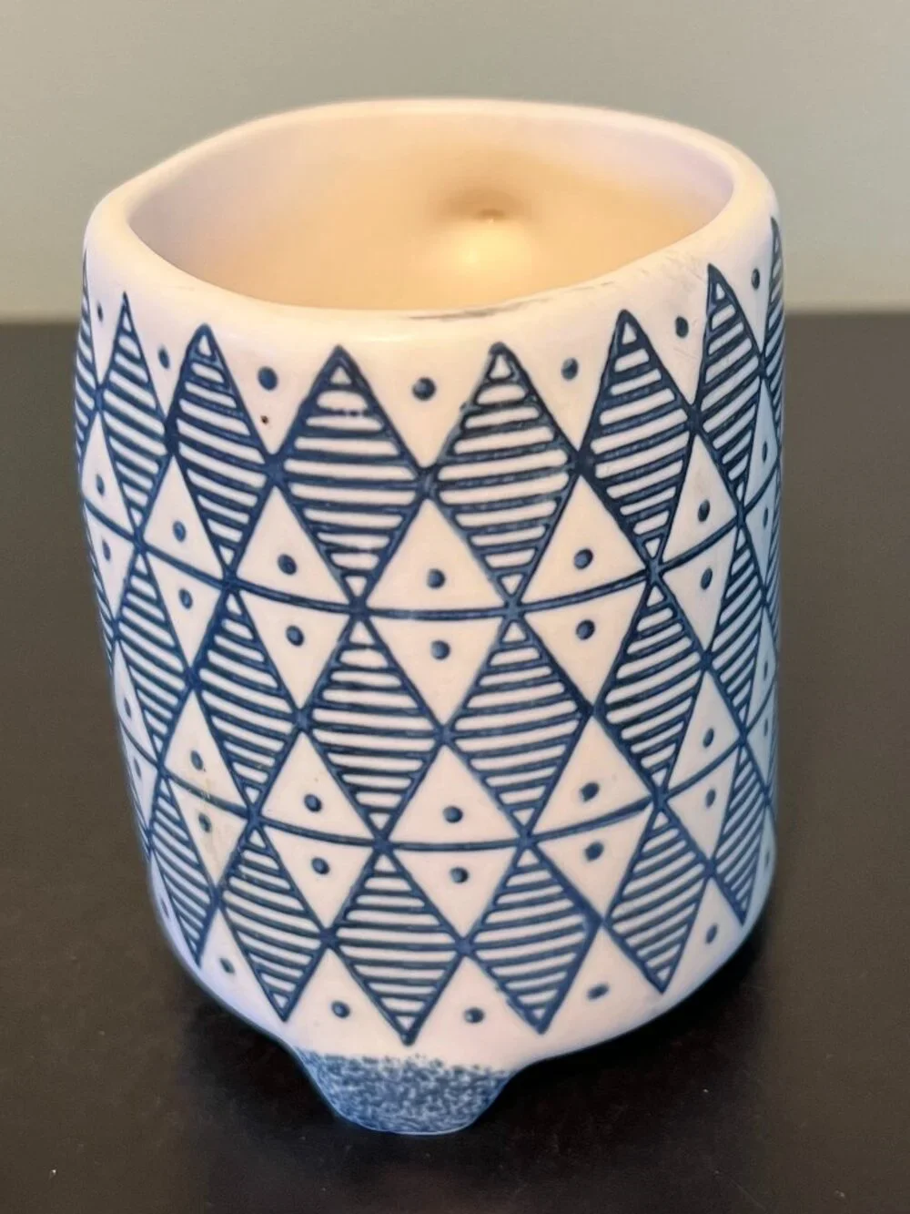 PAPER SOURCE Handcrafted Look Blue-on-White Geometric Tile Pattern Stoneware Mug